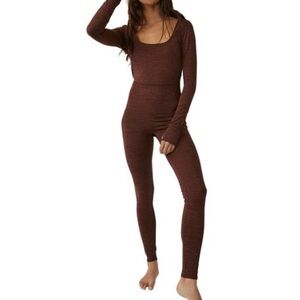 Free People Brown Long Sleeve Scoop Neck  Jumpsuit